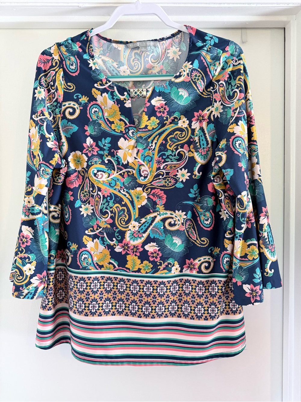 Valerie Stevens Navy Paisley Floral Split-Neck Tunic with Teal & Pink Accents